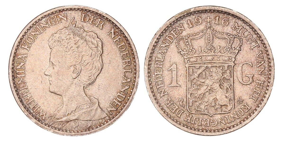 1 Gulden. Wilhelmina. 1916. Prachtig.