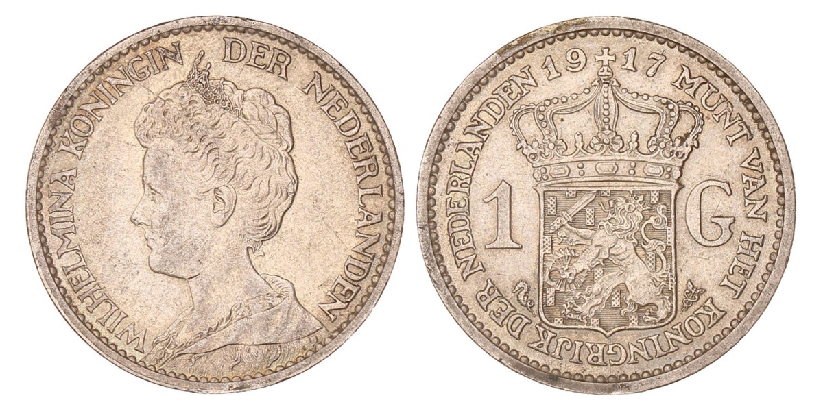 1 Gulden. Wilhelmina. 1917. Zeer Fraai +.