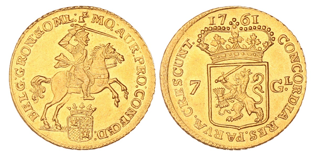 Halve gouden rijder van 7 Gulden. Groningen en Ommelanden. 1761. UNC -.