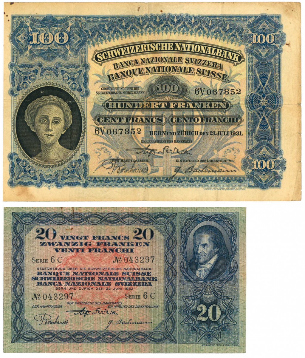 Switzerland. 20 and 100 Francs. Banknote. Type 1931-1933. - Very fine -.