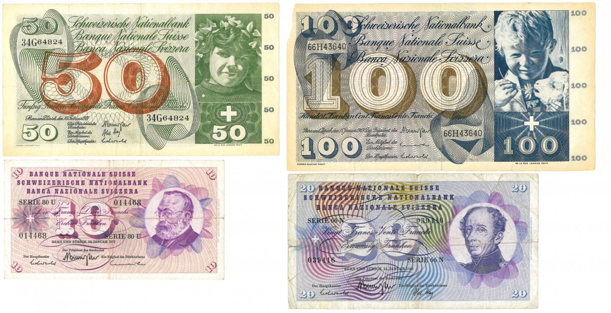 Switzerland. 10/20/50/100 Francs. Banknote. Type 1969-1972. - Fine / Very fine.