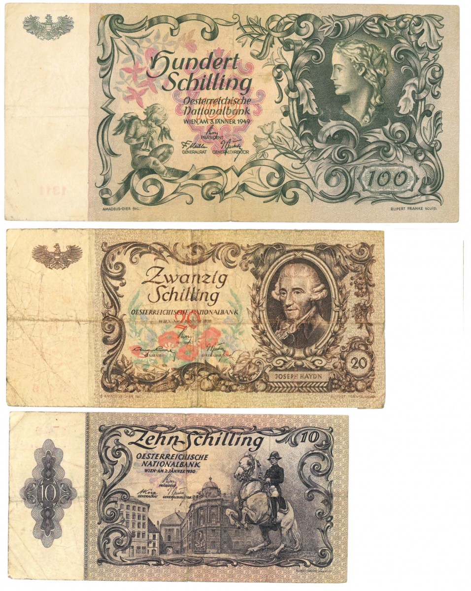 Austria. 10/20/100 Schilling. Banknote. Type 1949-1950. - Fine / Very fine.