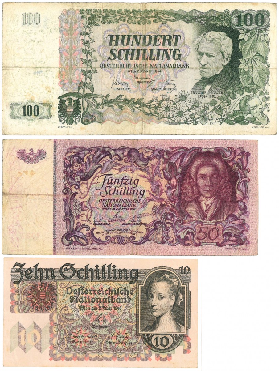 Austria. 10/50/100 Schilling. Banknote. Type 1946-1954. - Very good – Very fine.