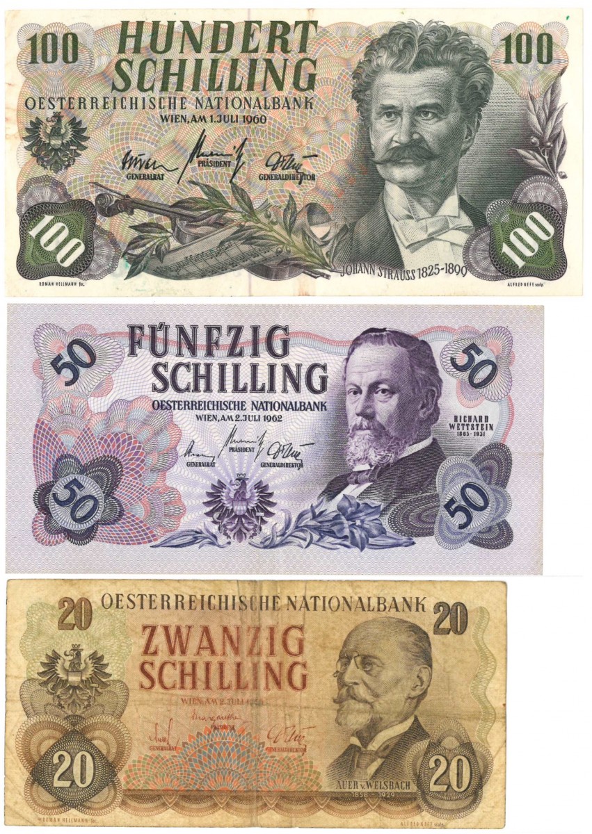 Austria. 20/50/100 Schilling. Banknote. Type 1956-1962. - Very good – Very fine.