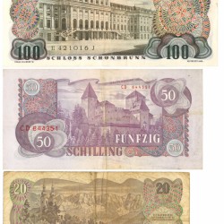 Austria. 20/50/100 Schilling. Banknote. Type 1956-1962. - Very good – Very fine.