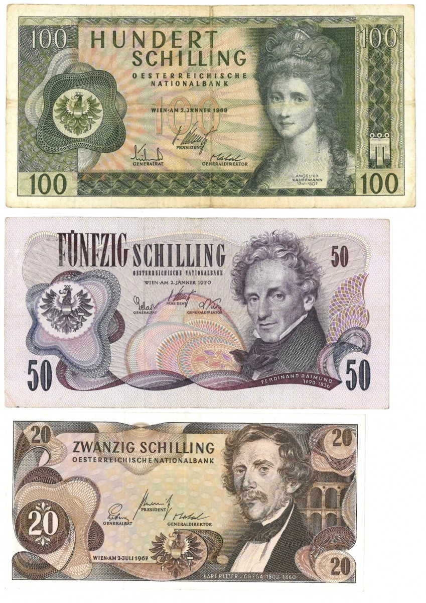 Austria. 20/50/100 Schilling. Banknote. Type 1967-1970. - Very fine / Extremely fine.