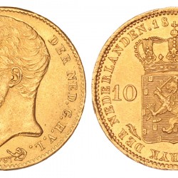 10 gulden goud. 'ons.' dicht naast ★ in rand. Willem I. 1825 B. Prachtig +.