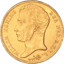 10 gulden goud. 'ons.' dicht naast ★ in rand. Willem I. 1825 B. Prachtig +.