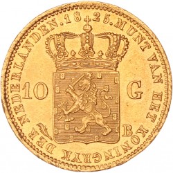 10 gulden goud. 'ons.' dicht naast ★ in rand. Willem I. 1825 B. Prachtig +.