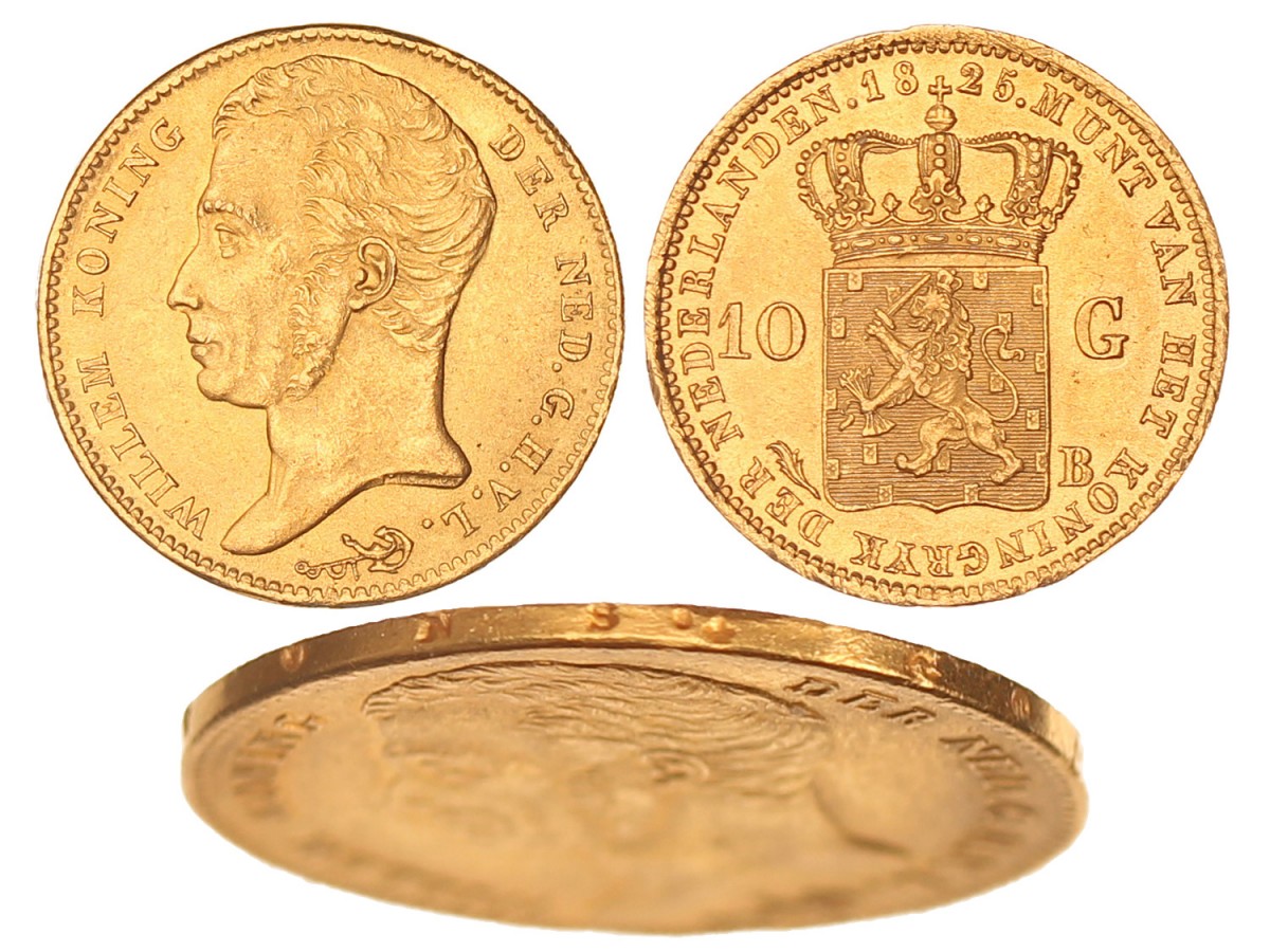 10 gulden goud. 'ons.' dicht naast ★ in rand. Willem I. 1825 B. Prachtig +.