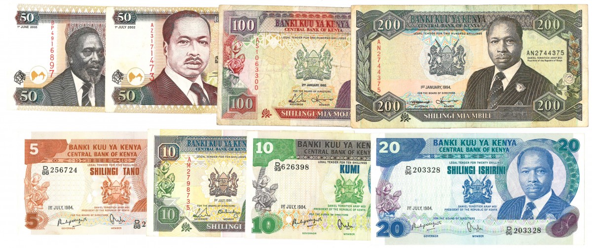 Kenya. 5/2x10/20/2x50/100/200 Shillings. Banknote. Type 1984-2005. - Fine – Extremely fine.