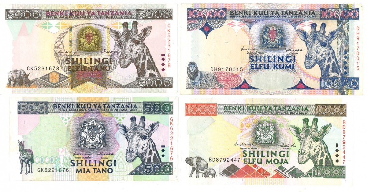 Tanzania. 500/1000/5000/10000 Shilingi. Banknote. Type 1997. - Very fine – UNC.