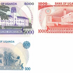 Uganda. 500/1000/5000 Shillings. Banknote. Type 1986. - About UNC.