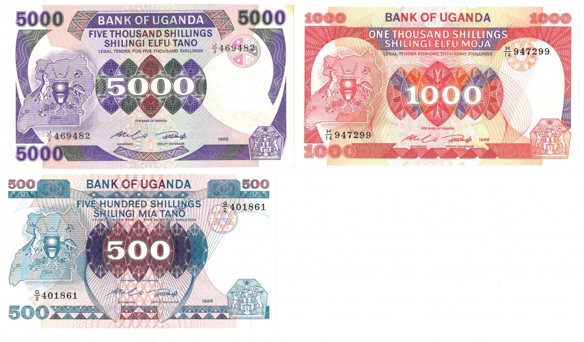 Uganda. 500/1000/5000 Shillings. Banknote. Type 1986. - About UNC.