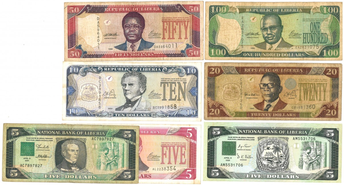 Liberia. 3x5/10/20/50/100 Dollars. Banknote. Type 1989-2003. - Very good – Very fine.