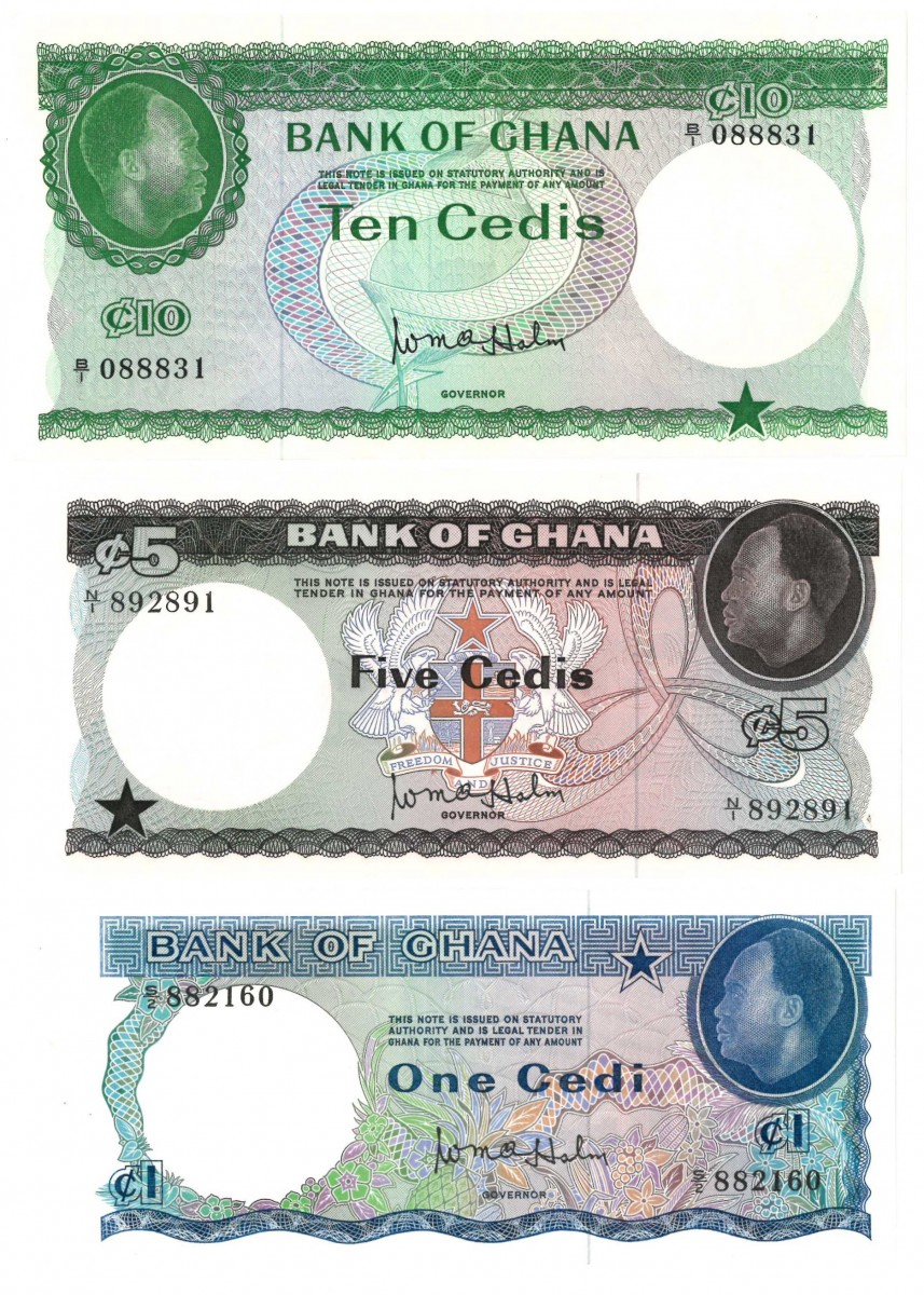 Ghana. 1/5/10 Cedis. Banknote. Type 1965. - UNC.