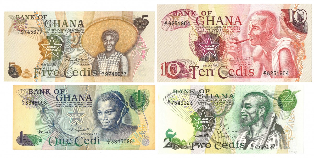 Ghana. 1/2/5/10 Cedis. Banknote. Type 1973-1978. - Very fine – UNC.