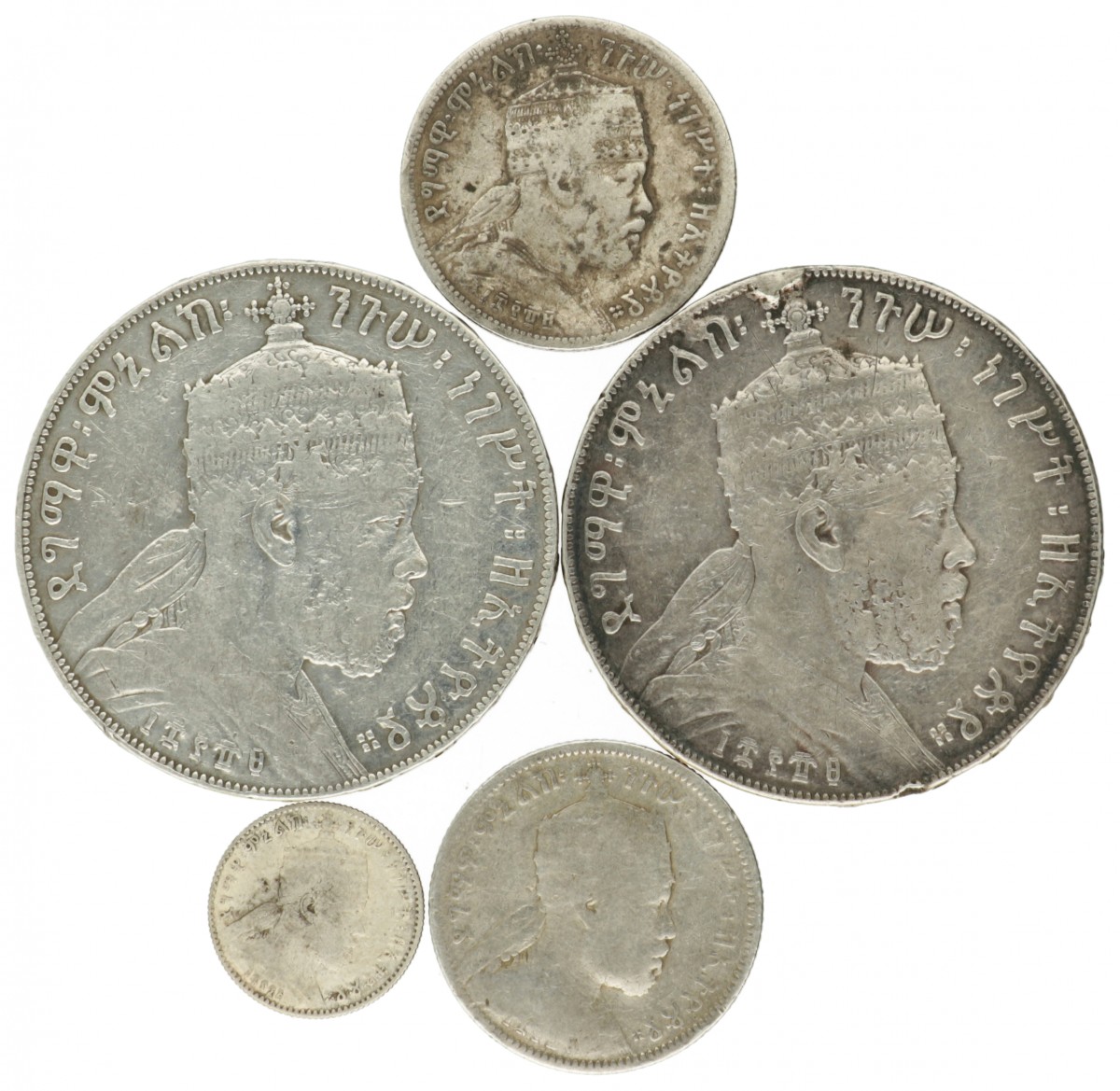 Ethiopia. Menelik II. Lot (5) 1 Ghersh - 1 Birr. 1889 (1897) - 1891 (1899).