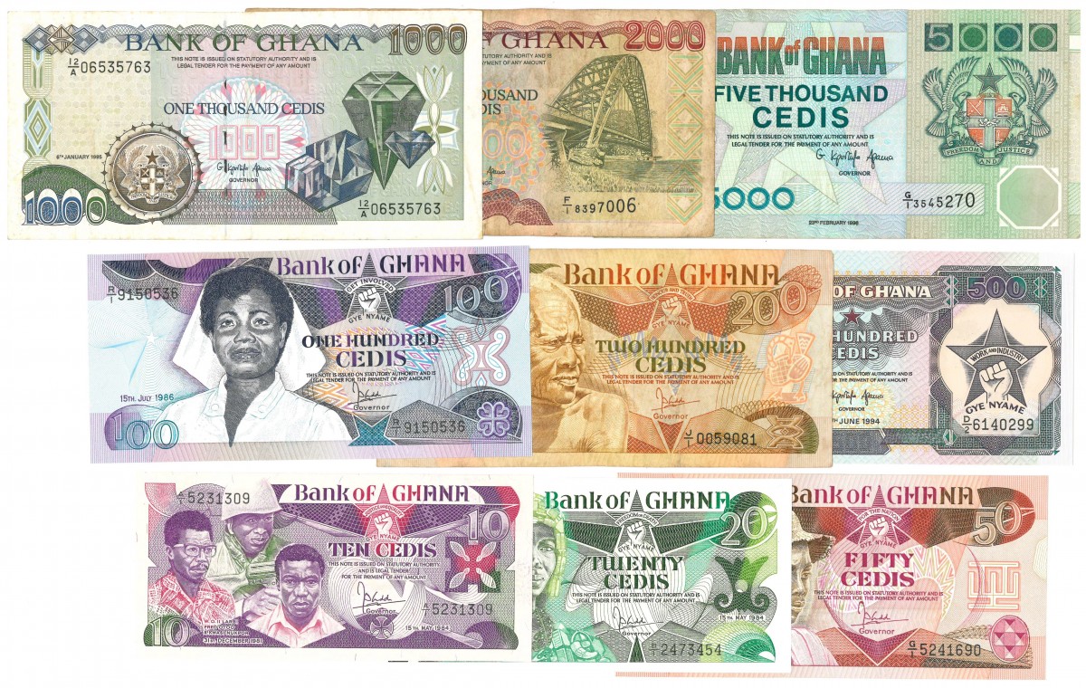 Ghana. 10/20/50/100/200/500/1000/2000/5000 Cedis. Banknote. Type 1984-1996. - Fine – UNC.