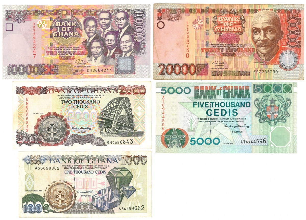 Ghana. 1000/2000/5000/10000/20000 Cedis. Banknote. Type 1989-2002. - Fine – UNC.