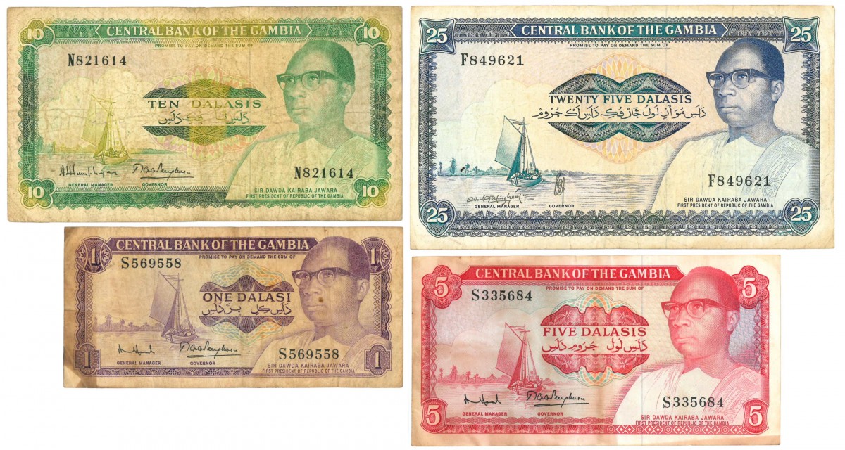 Gambia. 1/5/10/25 Dalasis. Banknote. Type 1971-1987. - Fine -.