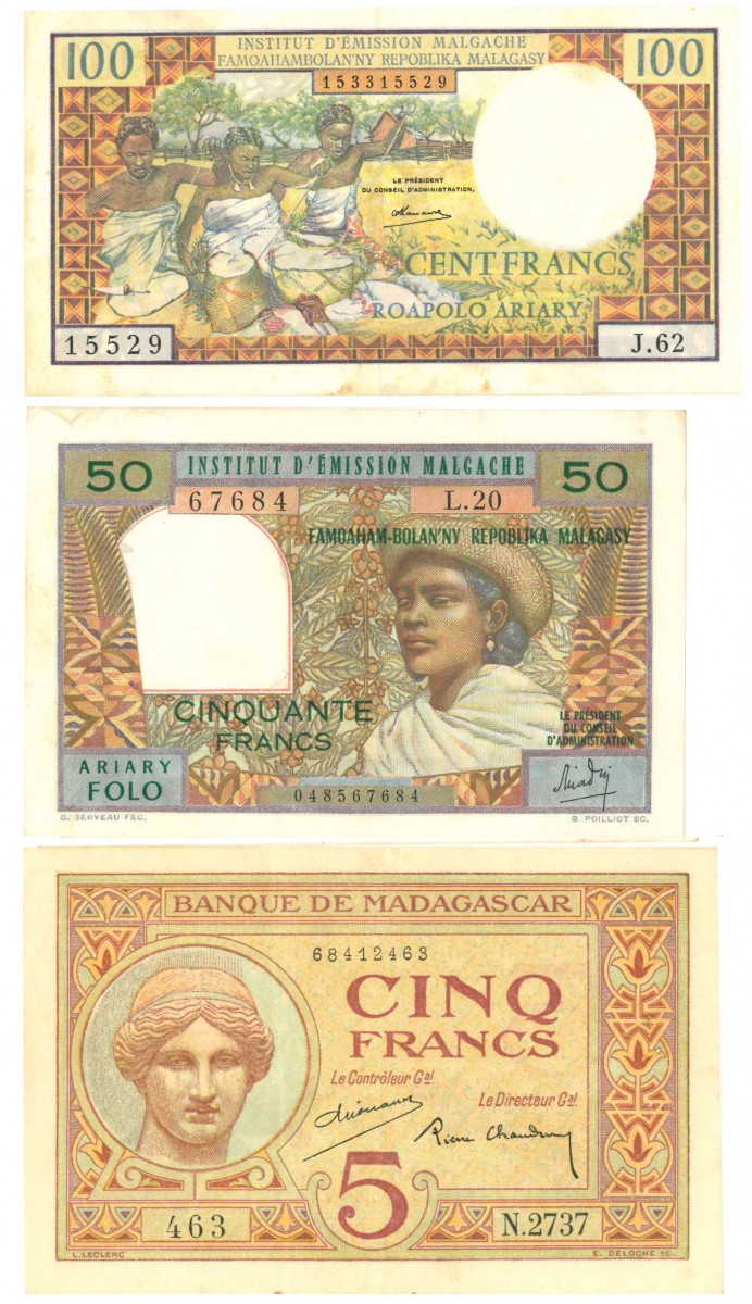 Madagascar. 5/50/100 Francs. Banknote. Type 1937-1969. - Very fine -.