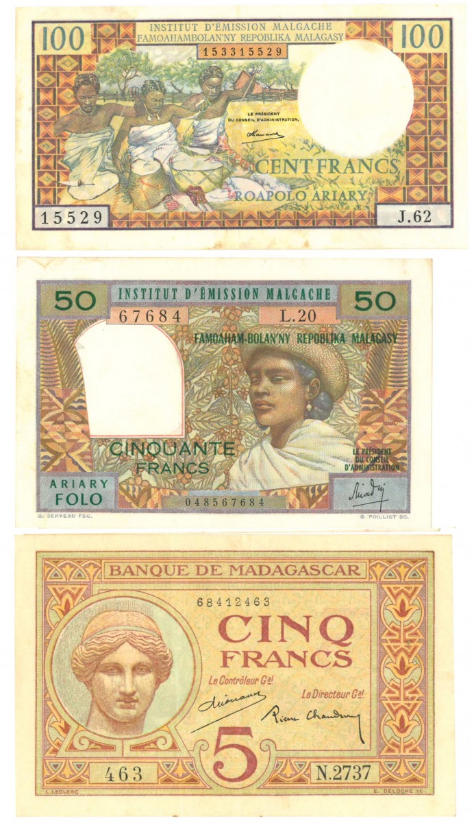 Madagascar. 5/50/100 Francs. Banknote. Type 1937-1969. - Very fine -.