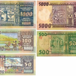 Madagascar. 50/100/500/1000/5000 Ariary. Banknote. Type 1974-1975. - Fine – UNC.