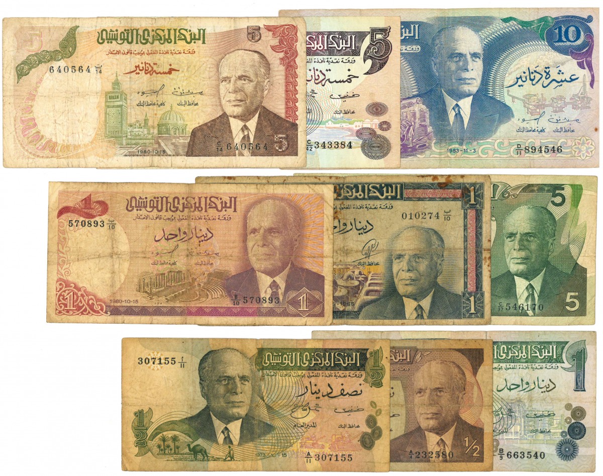 Tunisia. 2x½/3x1/3x5/10 Dinars. Banknote. Type 1965-1983. - Very good.