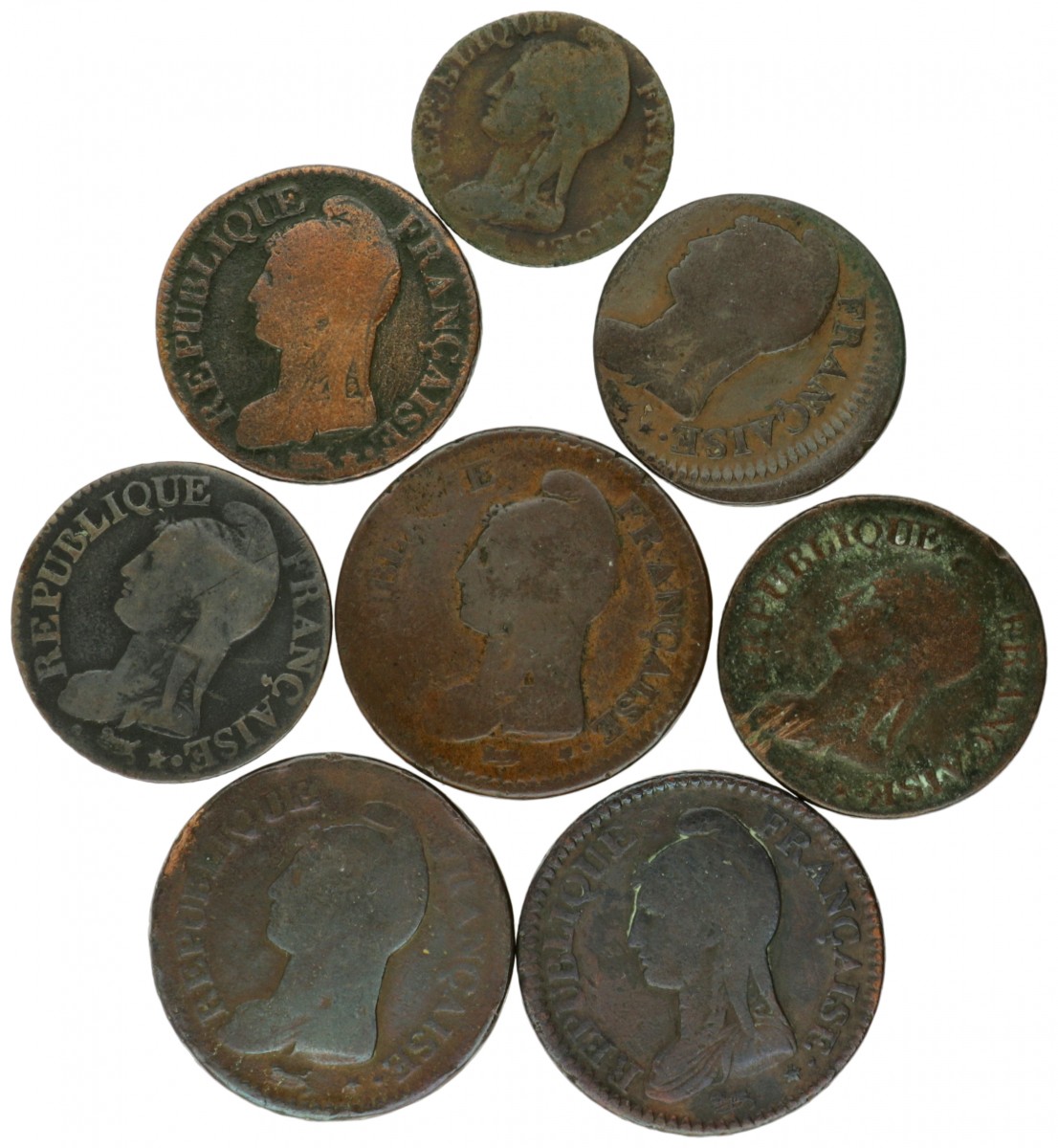 France. Republic. Lot (8) 5 Centimes and Decimes. Around 1800.
