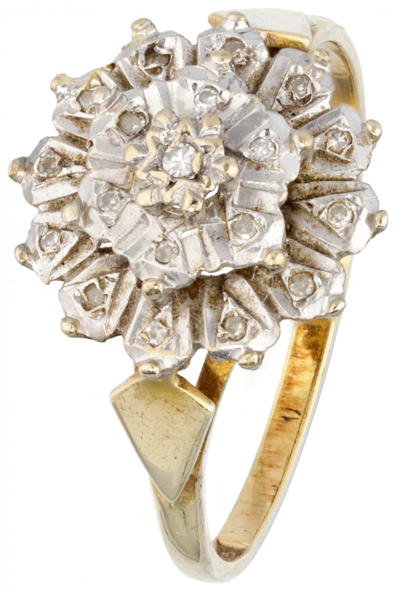 14 kt. Bicolor gouden rozet ring bezet met ca. 0.10 ct. diamant.