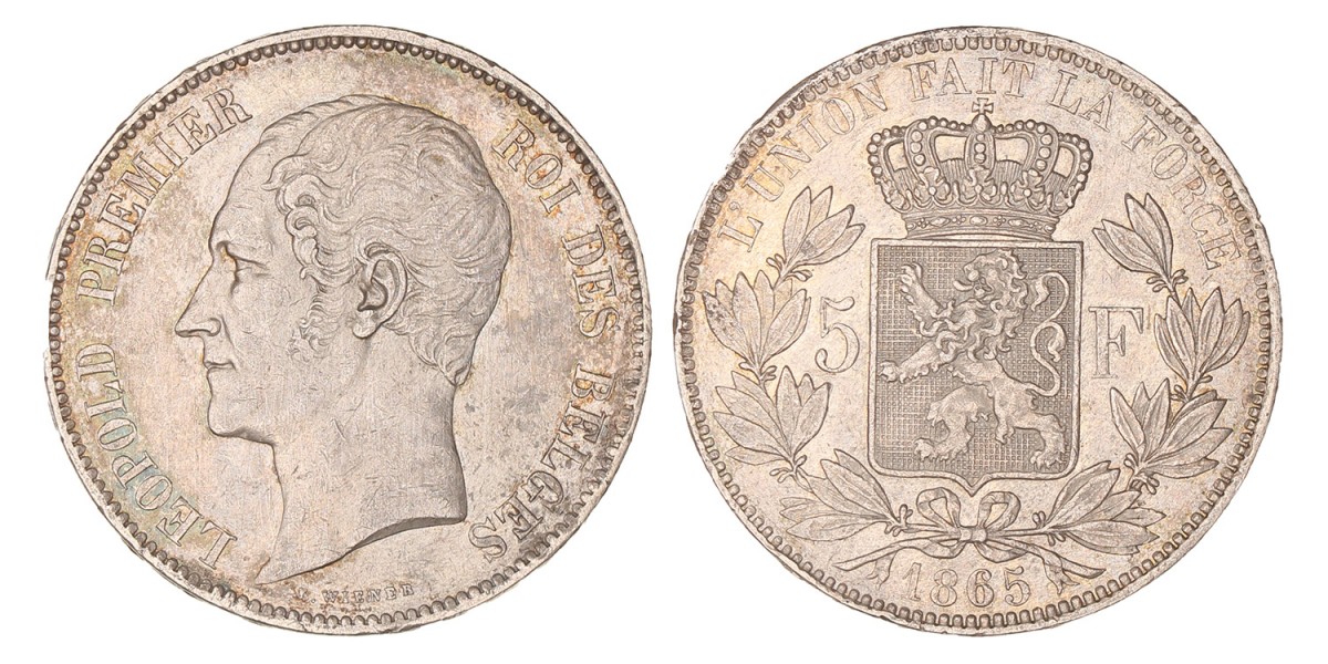 Belgium. Leopold I. 5 Francs. 1865.