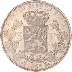 Belgium. Leopold I. 5 Francs. 1865.