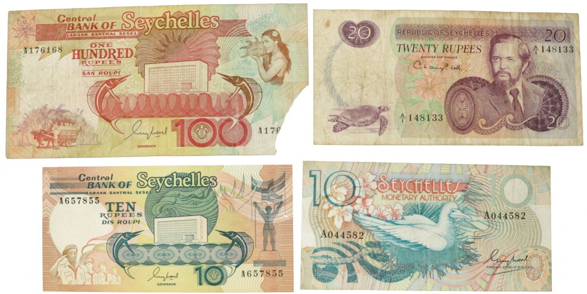 Seychelles. Lot 4 notes. Banknote. Type ND. - Very good – Extremely fine.