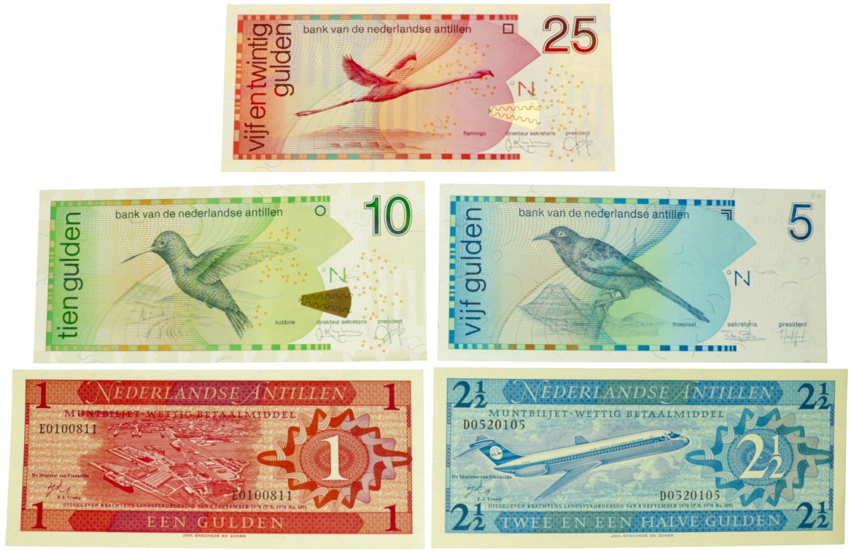 Netherlands-Antilles. Lot 5 notes. Banknote. Type 1970-1998. - UNC.