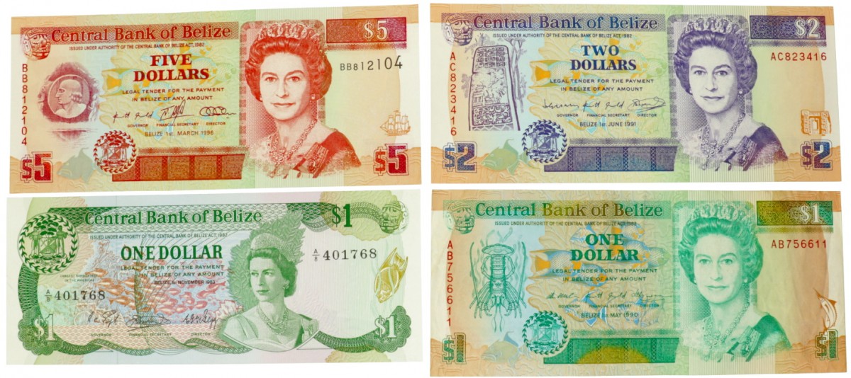 Belize. Lot 4 notes. Banknote. Type 1983-1996. - Fine – UNC.