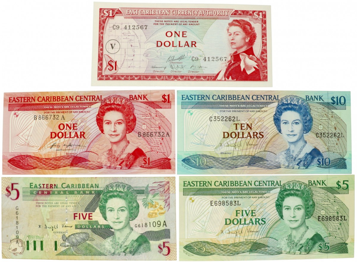 East-Caribbean. Lot 5 notes. Banknote. Type ND. - Fine – UNC.