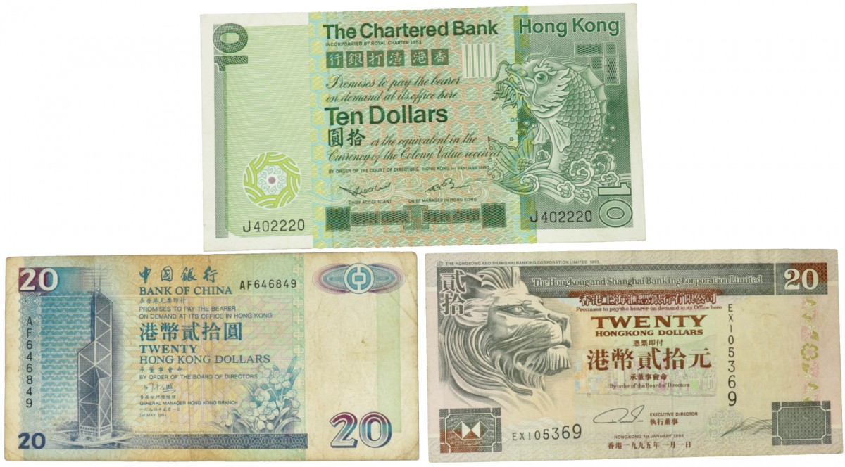 Hongkong. Lot 3 notes. Banknote. Type 1980-1995. - Fine – Extremely fine.