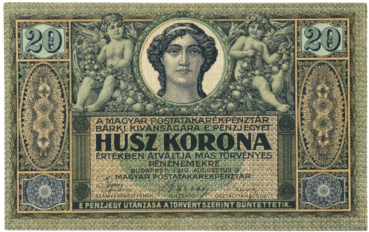 Hungary. 20 Korona. Banknote. Type 1919. - Extremely fine.