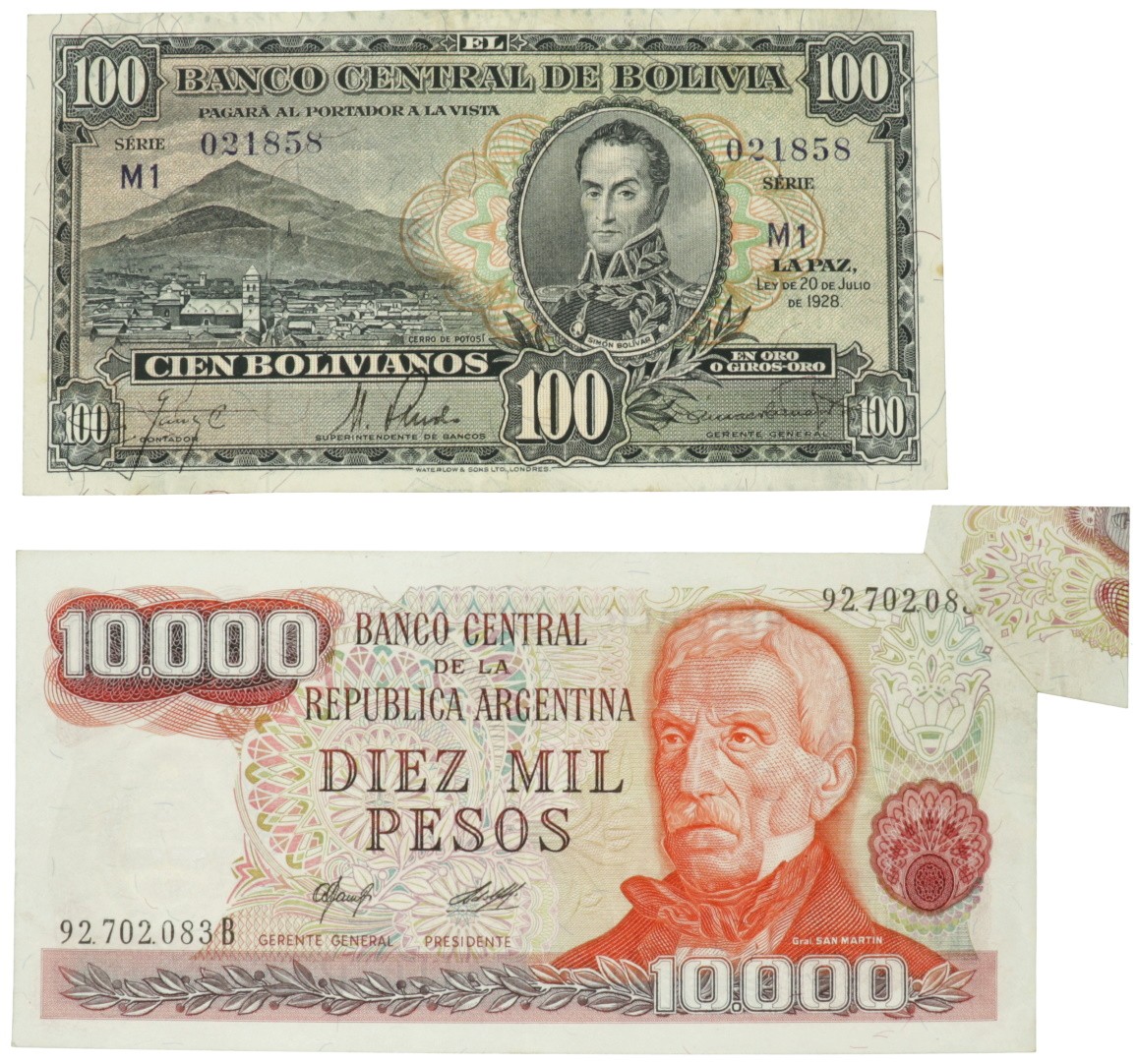 South America. Lot 2 notes. Banknote. Type 1928. - Very fine.
