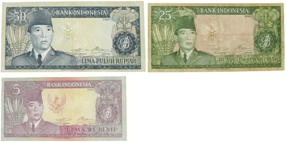 Indonesia. Lot 3 notes. Banknote. Type 1960. - Very fine.