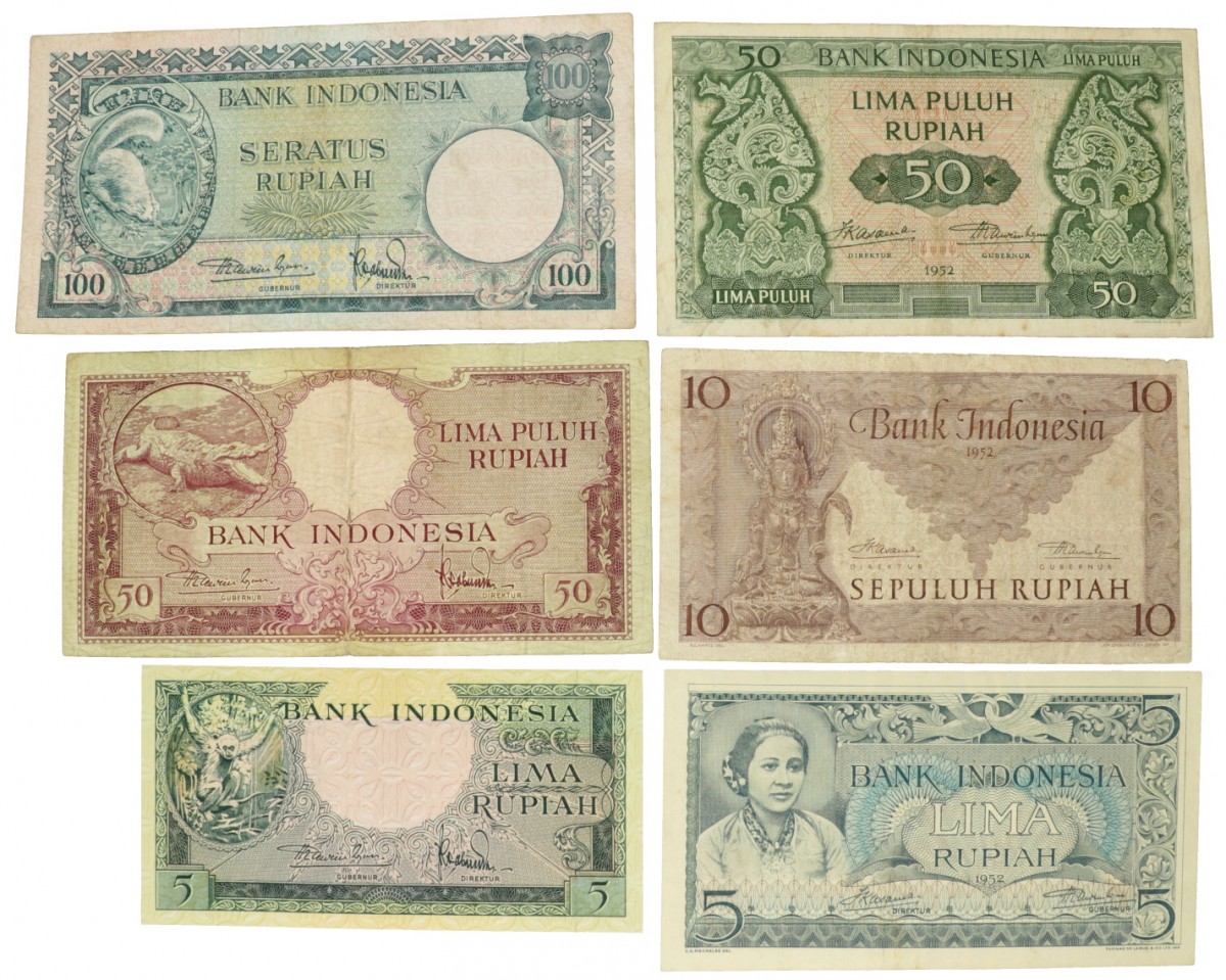 Indonesia. Lot 6 notes. Banknote. Type 1952. - Very fine.