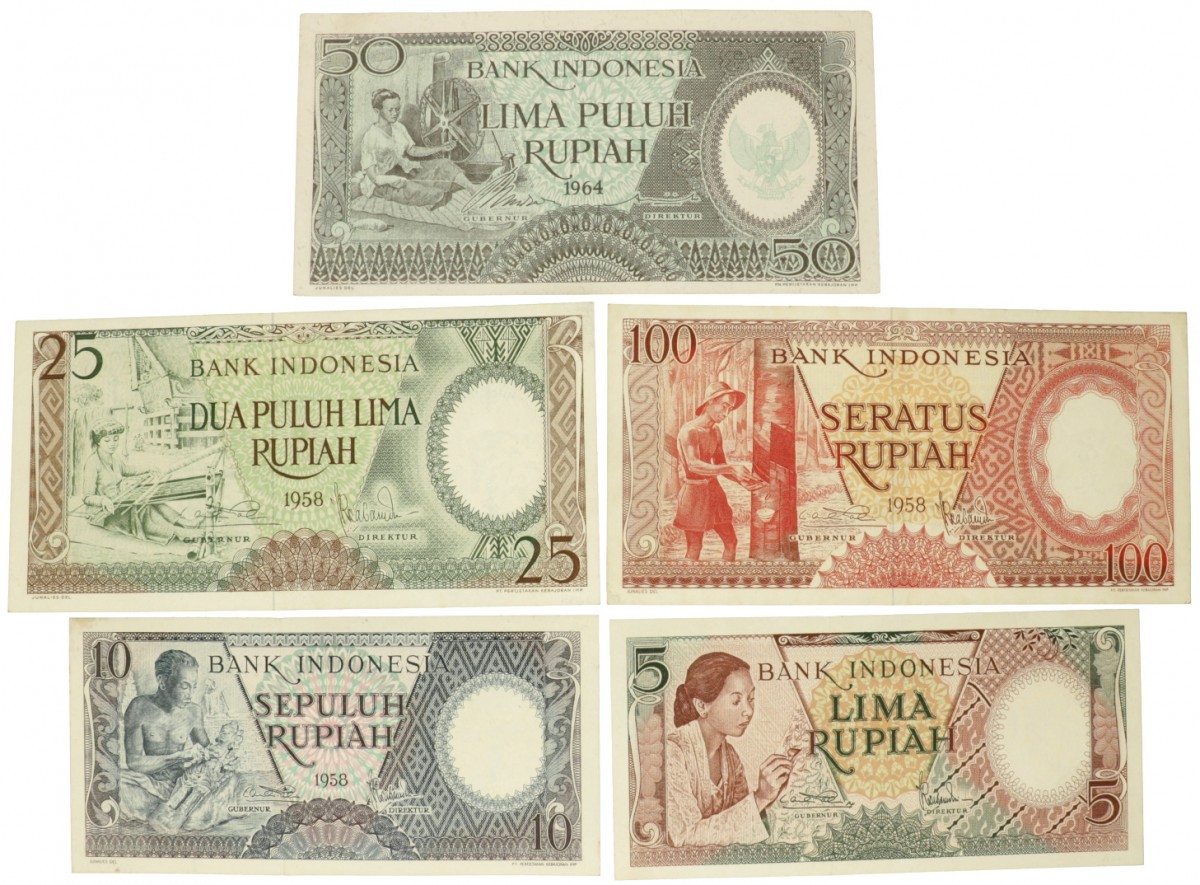 Indonesia. Lot 5 notes. Banknote. Type 1958-1964. - Extremely fine / UNC.