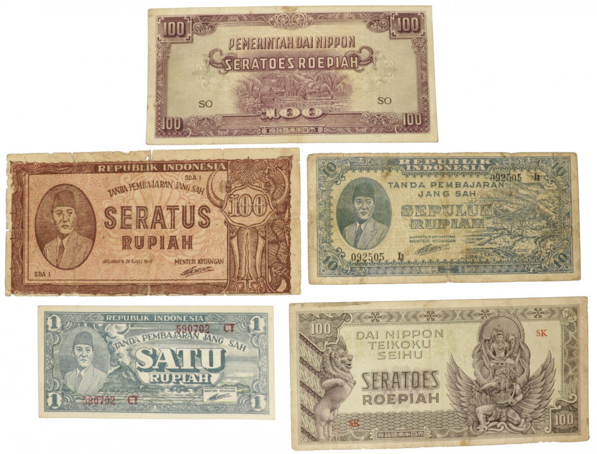 Indonesia. Lot 5 notes. Banknote. Type 1945. - Fine / Very fine.