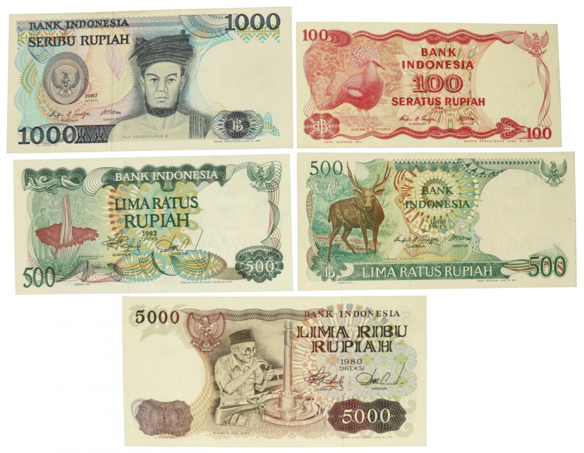 Indonesia. Lots 5 notes. Banknote. Type 1980-1988. - Extremely fine / UNC.