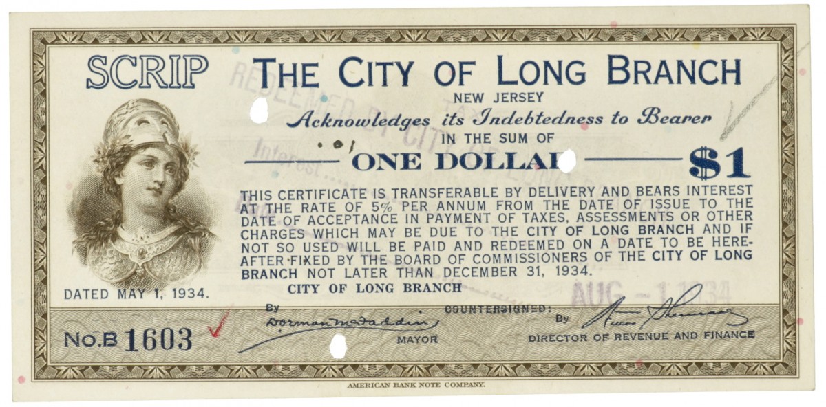 New Jersey. 1 Dollar. Scrip. Type 1934. - UNC.