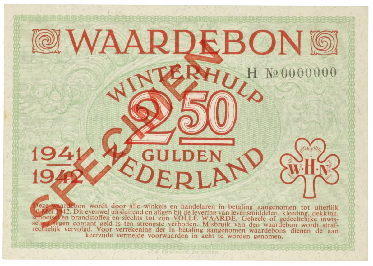 Nederland. 2½ gulden. Waardebon. Type 1941-1942. - UNC.