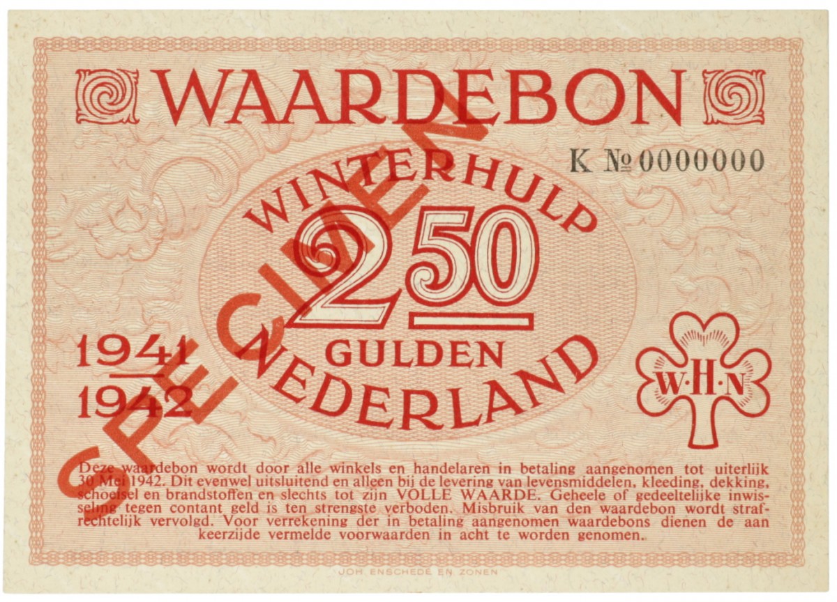 Nederland. 2½ gulden. Waardebon. Type 1941-1942. - UNC.