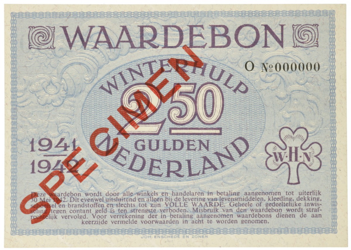 Nederland. 2½ gulden. Waardebon. Type 1941-1942. - UNC.