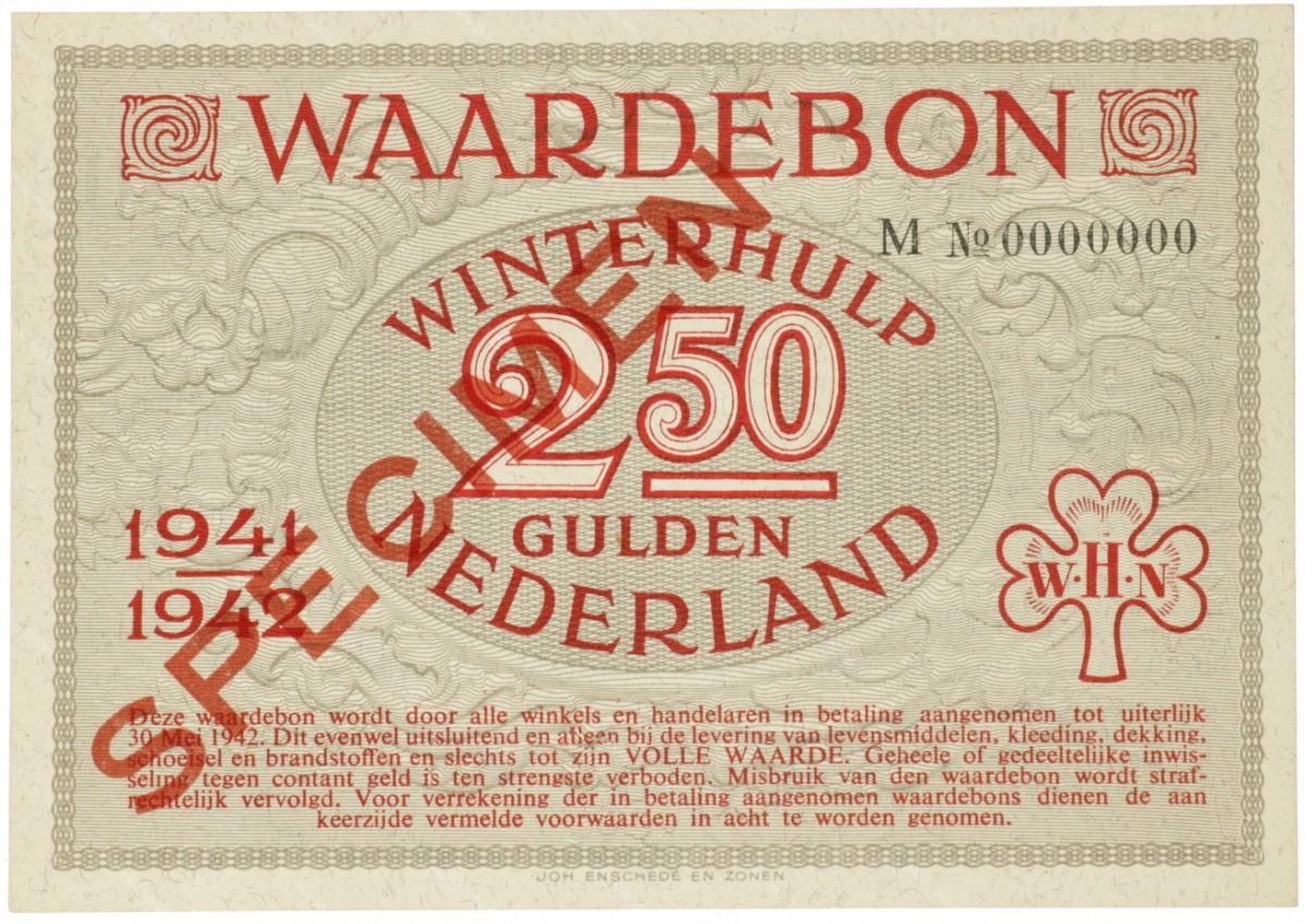 Nederland. 2½ gulden. Waardebon. Type 1941-1942. - UNC.